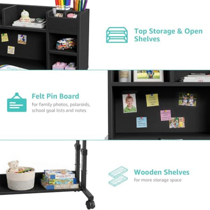 WINAZ Black Mobile Kids Desk - 32" Height Adjustable Study Table with Hutch - color: Black