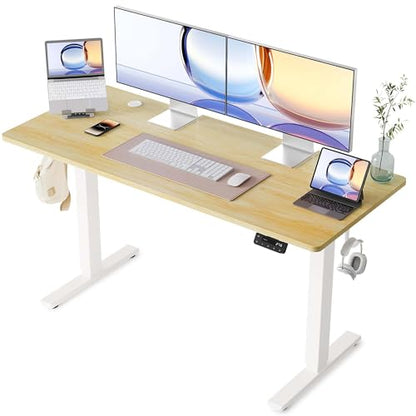 YIHAYO Electric Standing Desk, 55 x 24 Inches Stand Up Desk with Splice Board, Adjustable Height Desk, Computer Desk for Home Office, White Frame/Natural Top - color: White Frame/Natural Top, size: 55*24 Inch