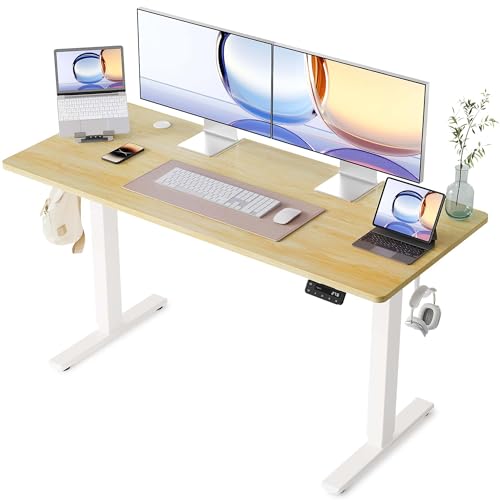 YIHAYO Electric Standing Desk, 55 x 24 Inches Stand Up Desk with Splice Board, Adjustable Height Desk, Computer Desk for Home Office, White Frame/Natural Top - color: White Frame/Natural Top, size: 55*24 Inch