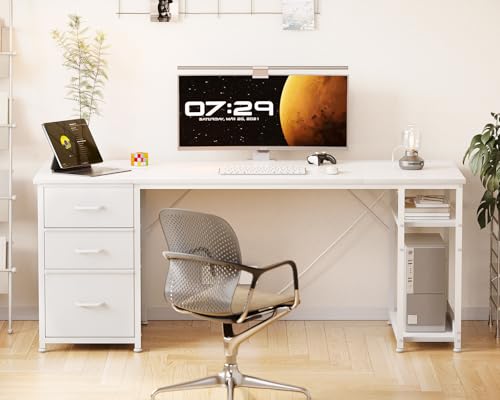 AODK 63 Inch Computer Desk with Drawers & USB Power Outlets - color: White, size: 63 Inch