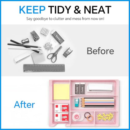 Desk Drawer Organizer, Office Drawer Divider Organizer Tray with 6 Compartments, Metal Mesh Desktop Organization and Accessories for Stationery Makeup Kitchen Toolroom School ＆Office (Large-Pink) - size: Large-Pink