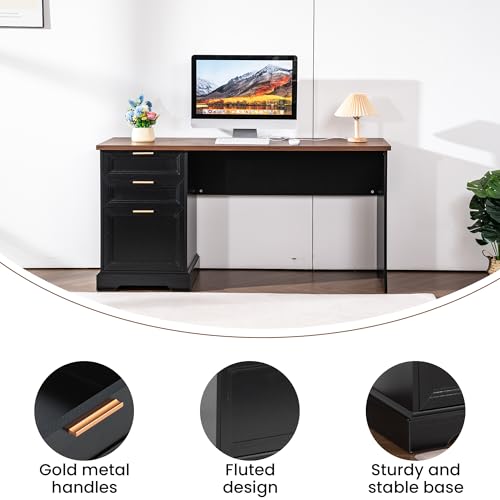 60" Professional Office Desk with Charging Station,Business Desk with 2 Drawers &1 File Cabinet,Farmhouse Executive Desk for Office and Home (Walnut & Black) - color: Walnut & Black