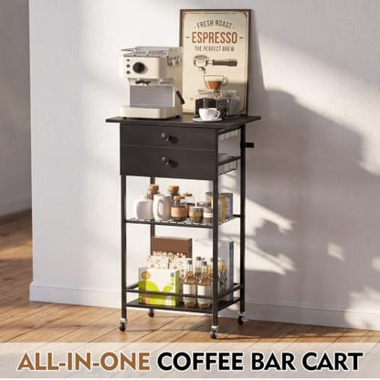 Rolling Coffee Cart,5-Tier Coffee Bar Cart with Pod Drawer Holder & Wire Storage Basket,33.6" H Small Coffee Station Cabinet with Storage,for Living Room,Dining Room,Home Office,Black - color: Black