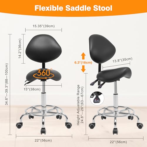 Saddle Stool Chair with Back Support and Wheels, Ergonomic Swivel Chair | Multi-functional Saddle Stool with Adjustable Height for Salon Dentist Clinic Tattoo Spa Saddle Rolling Stool Black