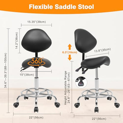 Saddle Stool Chair with Back Support and Wheels, Ergonomic Swivel Chair | Multi-functional Saddle Stool with Adjustable Height for Salon Dentist Clinic Tattoo Spa Saddle Rolling Stool Black