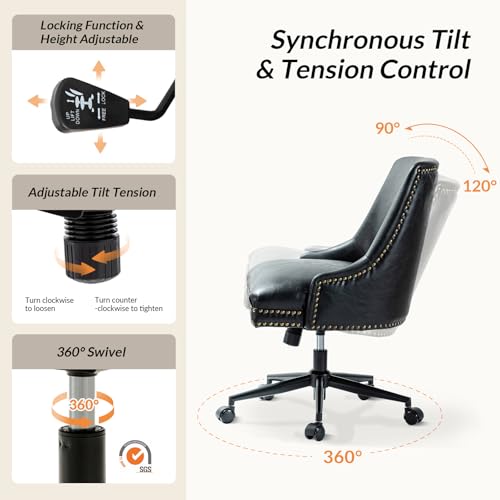 HULALA Home Leather Office Chair with Nailhead, Armless Desk Chair, Black - color: Black