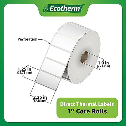 2.25" x 1.25" Thermal Labels | 6 Rolls | 12600 Labels | fits Zebra, Munbyn, Rollo, Godex, Arkscan, iDPRT, Offnova Thermal Label Printers and More | Blank White Adhesive Stickers by Ecotherm - size: 2.25 x 1.25 - 12600 Labels