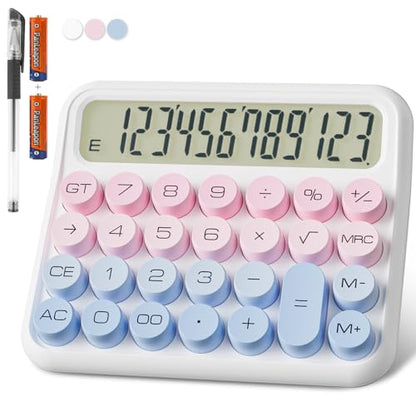 DECKLIT Battery Desk Calculator - 12 Digit Extra Large 5-Inch LCD Display, Big Buttons Easy to Press Office Calculators, 15 Tilt Screen for Kids (Blue & Pink) - color: Pink&Blue