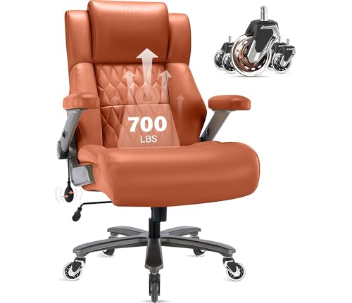 Big and Tall 700lbs Office Chair - Adjustable Lumbar Support 3D Flip Arms Heavy Duty Metal Base&Wheels, High Back Large Executive Computer Desk Chair, Thick Padded Ergonomic Design for Back Pain - color: Gold Brown