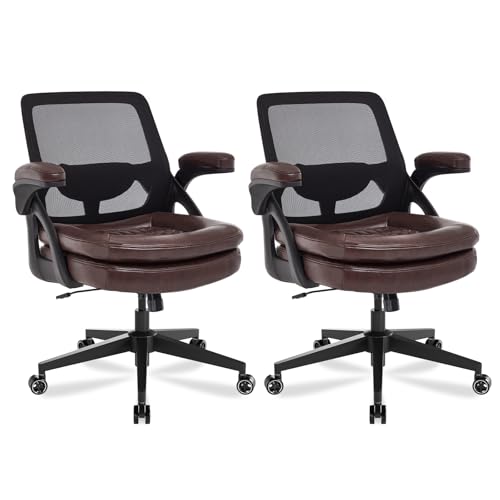 Big and Tall Office Chair, 500lbs Heavy Duty Ergonomic Mesh, Brown | Flip-Up Armrests, Plus Size PU Leather Wide Seat, 360° Swivel Computer Executive Task Chair for Home Office, Up to 500LBS Cap - color: Brown, size: 2BOX