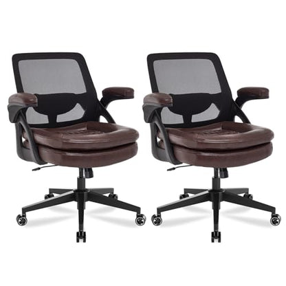 Big and Tall Office Chair, 500lbs Heavy Duty Ergonomic Mesh, Brown | Flip-Up Armrests, Plus Size PU Leather Wide Seat, 360° Swivel Computer Executive Task Chair for Home Office, Up to 500LBS Cap - color: Brown, size: 2BOX