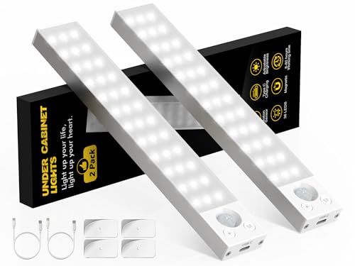 Under Cabinet Lighting 1800mAh Long Battery Life,2 Pack Dimmable Motion Sensor Light Indoor,USB C Rechargeable Under Cabinet Lights Wireless,Under Counter Lights for Kitchen Drawers, Wardrobe, Stair - color: White, size: 8.7Inches 2pack