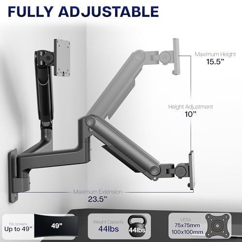 VIVO Premium Ultrawide Monitor Counterbalance Wall Mount for up to 49 inch Screens, Holds 44 lbs, Full Motion, Max VESA 100x100, Black, MOUNT-V101V - size: Up to 49", style: Single Mount