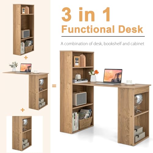 Tangkula Computer Desk with Bookshelf, Writing Study Desk with Storage Shelves & CPU Stand, Modern Compact Computer Workstation for Home & Office, Space-Saving Design(Natural) | Natural Wood Desk w/Storage Shelves & CPU Stand, Space-Saving Design Writing