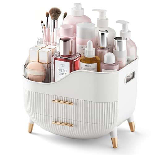 Pajiriona Makeup Organizer with Drawers,Skincare Organizer for Vanity,Storage Box with Handle,Large Cosmetic Display Case for Dresser, Bathroom Countertop - color: White