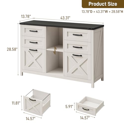 Farmhouse Lateral Filing Cabinet, Lateral File Cabinet with 6 Drawers and Adjustable Shelf, Large Printer Stand with 2 File Drawers for Letter/A4 Size Hanging Files for Home Office, White and Black - color: White and Black, size: 13.9"D x 27.7"W x 43.4"H