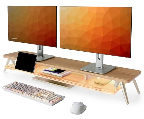 Fenge 42.5 Inch Monitor Stand with LED Lights, Dual Monitor Riser with Acrylic Shelf & Aluminum Legs, Desk Monitor Shelf for Home Office & Gaming, Dark Oak - color: Dark Oak