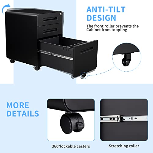 Letaya File Cabinet, 3 Drawer Filing Cabinets for Home Office with Lock Mobile Under Desk Fully Assembled Cabinet (Black) - color: Black, size: 18"D x 14.96"W x 23"H