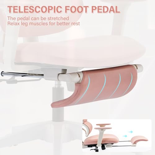 Ergonomic Office Chair with Retractable Footrest, Pink | High Back Design, Dynamic Lumbar Support, 2D Headrest & 2D Armrests, Breathable Mesh Back for Home Office - color: Pink