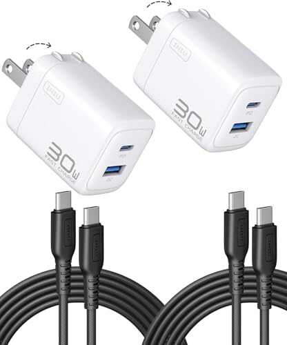 INIU Mini USB C Charger, 30W GaN Fast Charging ETL Certified Wall Adapter Block with Smart Phone Protection, Dual Port with 5ft Type C Cable for iPhone 17 iPad Samsung Google Switch etc [2-Pack White] - color: White, size: 2 Packs + 2 Cables