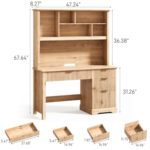 Vabches Fluted Executive Desk with Drawers, Wood Computer Desk with Ample File Drawer, Home Office Desk with Hutch for Study, Bedroom, Living Room, Oak - color: Oak Color, size: 47.24"W x 19.69"D x 68.31"H