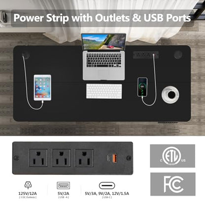 55''×24'' Electric Standing Desk with Power Outlets & Wheels, Black - color: Black, size: 55×24''