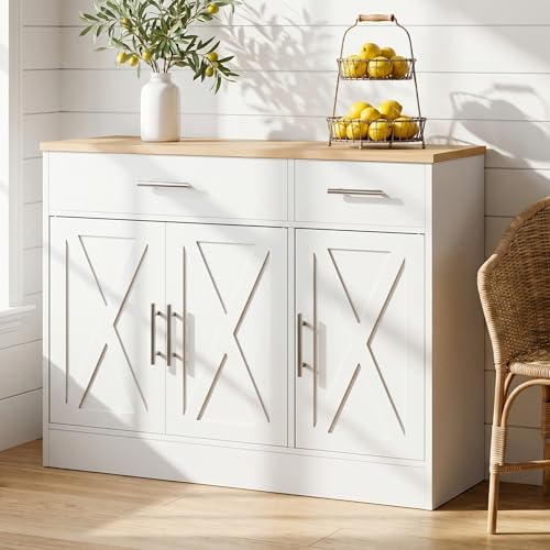 SUNLEI Kitchen Buffet Sideboard Cabinet with Storage, Farmhouse Kitchen Cabinet with 3 Doors and 2 Drawers, Coffee Bar Cabinet with Storage for Living Room, White - color: White, size: 42.5 inch