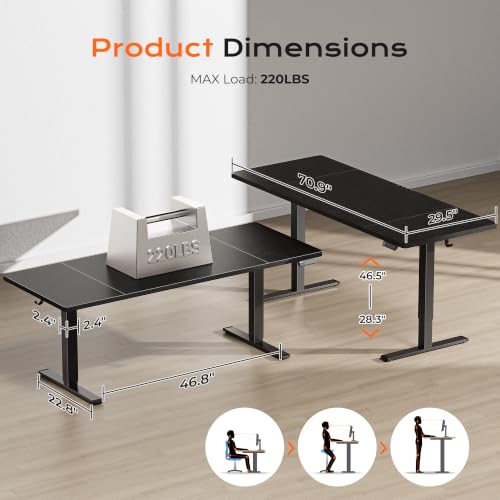 Huuger 71 x 30 Large Electric Standing Desk, Height Adjustable Computer Desk, 29.5" Deep Desktop, Stand up Gaming Office Table with 2 Hooks, 3 Preset Heights, for Home Office, Black - color: Black, size: 71*30 inch (no outlets)