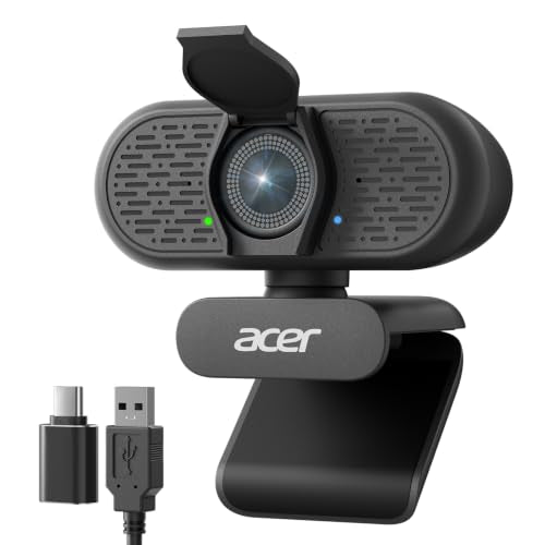 Acer A640 4K Webcam with AI Noise Canceling Mic for Streaming Meetings | Sony 1/2.8" Sensor, PDAF Autofocus, 2K 1080P/60fps, A to C Adapter, Computer Camera for switch 2 Camera Teams Zoom Facetime - color: Light Black