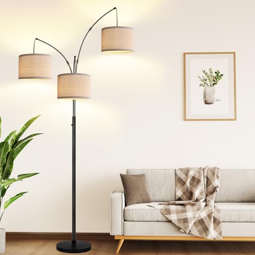 Dimmable Floor Lamp, 3 Lights Black Arc Floor Lamp, Modern Tall Standing Tree Lamp with Beige Linen Shades & Heavy Base, 3000LM LED Bulbs, Bright Lighting for Living Room, Bedroom, Office & Reading - color: Matte Black- Beige Linen Shade