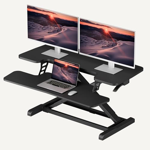 SANODESK 36" Standing Desk Converter, Adjustable Sit to Stand Desk Riser with Effortless Lifting for Home Office, Desk Topper for Dual Monitors, Computer Lift with Keyboard Tray, Black - color: Black, size: 36"