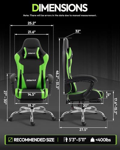 Dowinx Ergonomic Gaming Chair with Footrest & Massage Lumbar, 2D-Linkage Armrests for Computer Chair 330lbs with Headrest Pillow for Office, Home, Streaming and Long Gaming Sessions, Green - color: Green