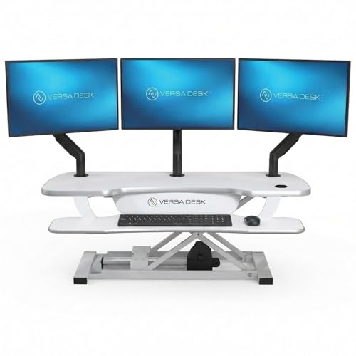 VERSADESK PowerPro 40 Inch Electric Standing Desk Converter – Push-Button Height Adjustable Sit to Stand Desk Riser for Triple Monitors & Laptop – Motorized Desktop Workstation with Wide Keyboard Tray - color: White, size: 40" Wide