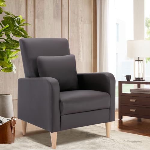 COLAMY Modern Upholstered Accent Chair Armchair with Pillow, PU Leather Reading Living Room Side Chair,Single Sofa with Wood Legs, Brown - color: Z-brown, size: Set of 1
