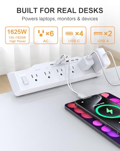 Desk Clamp Power Strip Surge Protector, 6 Outlets, Flat Plug, 1800J, 4 USB-C Ports (Any Port 35W), for Home & Office, Flame-Retardant PC-ABS Housing, Fits 1.96" Desk Edge, White - style: Desk Clamp Socket - White