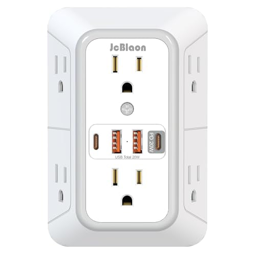 JcBlaon Multi Plug Outlet Surge Protector, Wall Charger with 6 Outlet Splitter with 4 USB Ports(PD 20W), 3-Sided 1050J Surge Protector Power Strip for Home Office Dorm Room Essentials-ETL - color: White PD20W 1PC