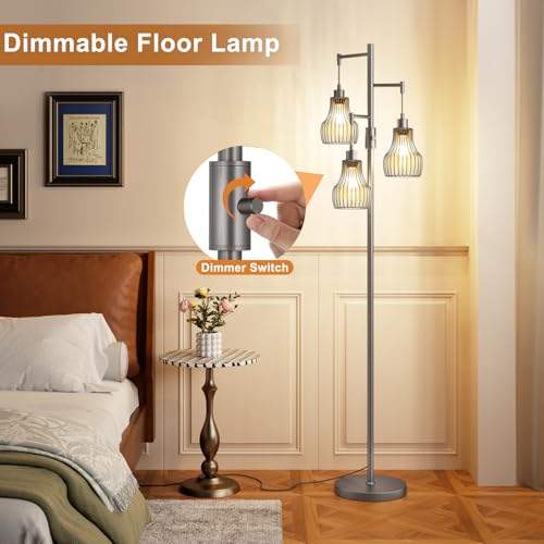 Ziisee Dimmable Floor Lamps for Living Room, Industrial Tree Standing Tall Lamps with 3 Elegant Cage Shade for Bedroom Office - Grey - color: E-Grey