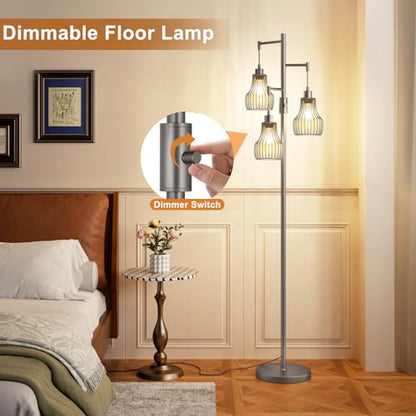 Ziisee Dimmable Floor Lamps for Living Room, Industrial Tree Standing Tall Lamps with 3 Elegant Cage Shade for Bedroom Office - Grey - color: E-Grey