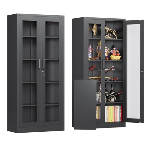 Locking Display Cabinet with Glass Door, 71”H Metal Curio Cabinets with Adjustable Shelves, Black Liquor Caninet Display Case for Living Room, Collectibles, Clinic, Home - Assembly Required - color: Black, size: 71"H - 2 Door