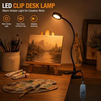 USB Clip-On Desk Lamp Eye Caring Dimmable Reading Light (Amber Light, 8W) | Dimmable, Inline Switch, 1M Timer, USB 5V Port, 1800K, 81inch Long Cable, Flexible Gooseneck， Metal Head and Clip - color: Amber Light