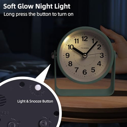 TIMESS Analog Alarm Clock with Snooze & Light, Silent Non-Ticking, Green | On-demand light, quartz movement, battery operated, easy to set, gentle wake alarm, bedside clock for home, travel, or office - color: Green