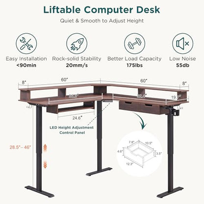 RedLemon 60 Inches L Shaped Electric Standing Desk 2 Tier, Dark Walnut - color: Dark Walnut, size: 60"X60"