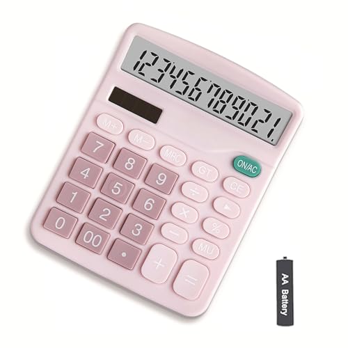 Calculator, 12 Digit Large LCD Display and Sensitive Button, Solar Battery Dual Power Office Calculator, Pink - style: Pink