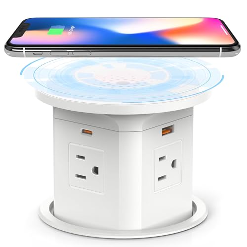 4" Pop up Power Outlets with 10W Wireless Charger, 65W USB C, Max 15A 1875W | Pop up Outlet for Countertop, 4 USB Ports, Receptacle Charging Station