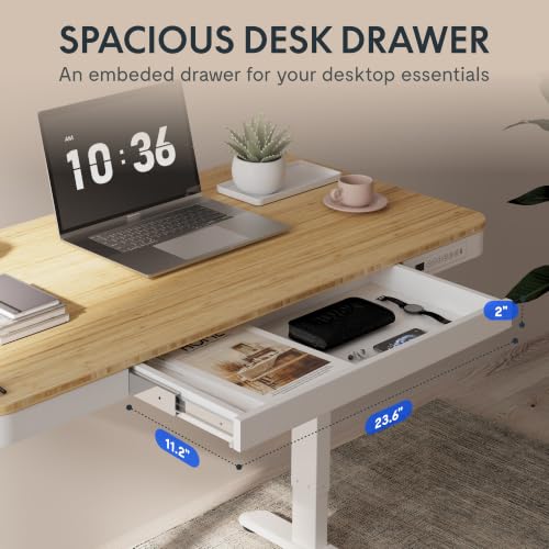 FLEXISPOT Comhar 48" Electric Standing Desk with Drawers, USB Charging Ports, Quick Assembly, Height Adjustable Sit Stand Desk with Child Lock for Natural Home Office, Bamboo Finish Top/White Legs - size: 48"Bamboo Texture/White