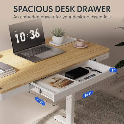 FLEXISPOT Comhar 48" Electric Standing Desk with Drawers, USB Charging Ports, Quick Assembly, Height Adjustable Sit Stand Desk with Child Lock for Natural Home Office, Bamboo Finish Top/White Legs - size: 48"Bamboo Texture/White
