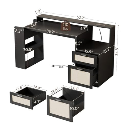 Farmhouse Computer Desk with Drawers and Power Outlets, 60” Home Office Desk with Adjustable File Drawer, Cat Scratching Pad, Printer Stand, Shelves & Monitor Riser, Black