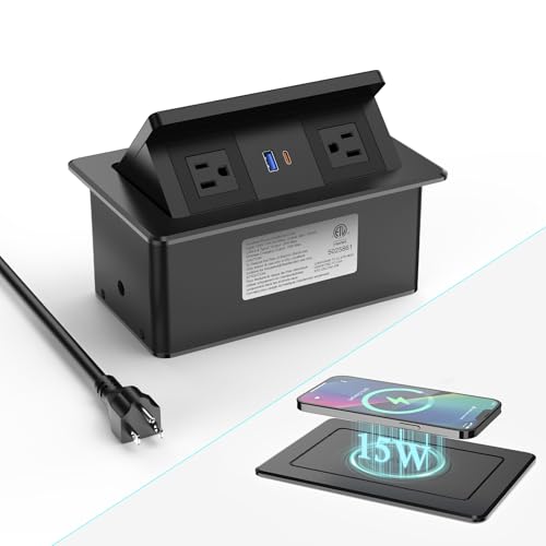 XBA Pop Up Outlet for Countertop with 15W Wireless Charging & 20W USB-C | 2 AC outlets, 18W USB-A, 45° Angled Access, 7.6 x 4.3 in Cutout, 6 ft Cord, black ABS Housing, Indoor use - color: Black