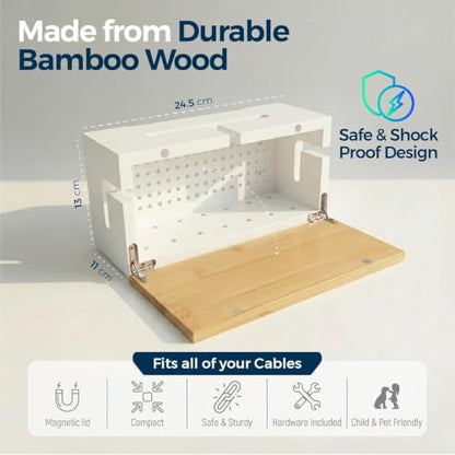 Cable Management Box Bamboo 9.6x5.1x4.3in, White, Wall Mount Kit Included - color: White S