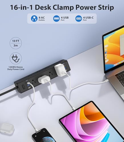 Jgstkcity Desk Clamp Power Strip 40W USB C,8-Outlet,8 USB,10FT,Black | 40W Fast Charging Station,4 USB-C,4 USB-A,Furniture Nightstand Edge Mount Surge Protector, Fits 1.9" Tabletop Edge - color: Black, size: 10FT Length